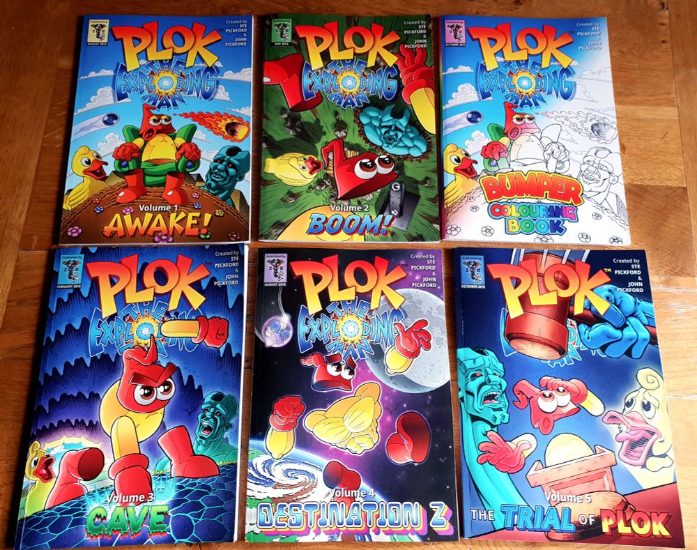 The covers of all five volumes of the Plok comic, and the Bumper Colouring Book.  If you can't see them, they look fabulous and you should buy them immediately.