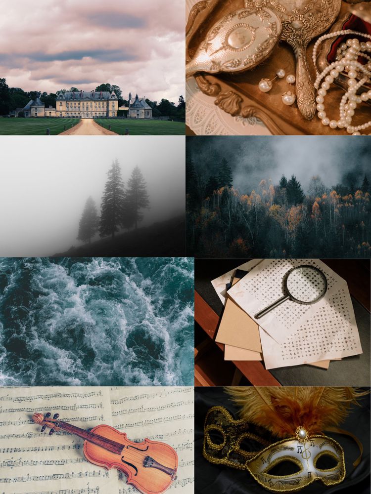 Mood board for the YA mystery with adult crossover potential I am querying--what's pictured: mansion, pearl necklace, brush, fog, sea, magnifying glass, violin and sheet music, mask