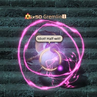 A picture of a Gremlin from award winning mmorpg FFXIV! The gremlin is attacking and saying "Idiot! Half-wit!"