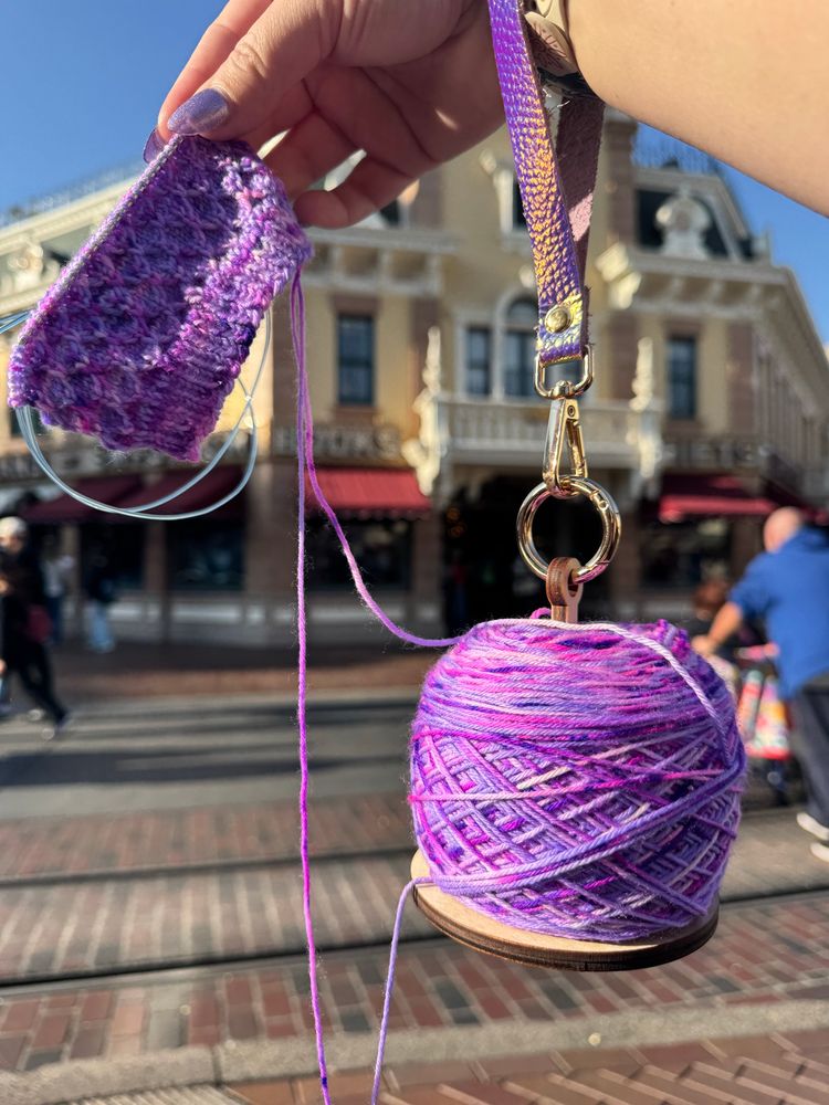 A skein of purple variegated yarn on a mini minder held up in front of Disneyland Main Street Emporium. 