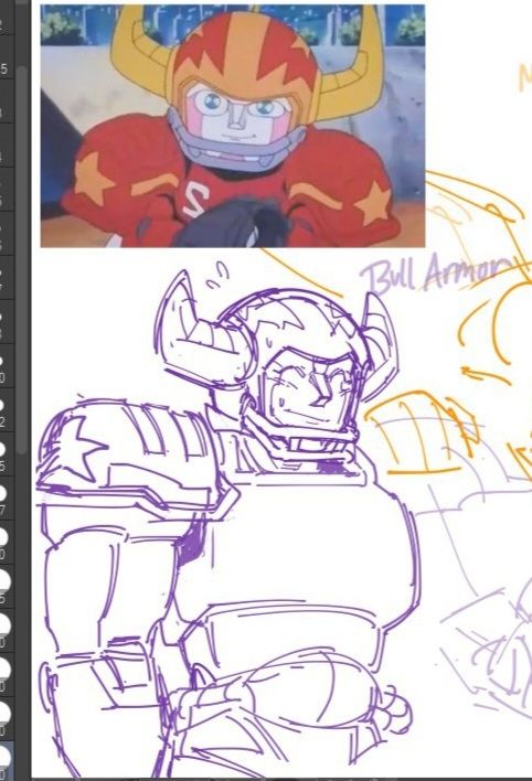 an unfinished drawing of Bull Armor from Shippu! Iron Leaguer. he smiles with his eyes closed and looks a bit nervous. someone elses hand rests on his shoulder. 