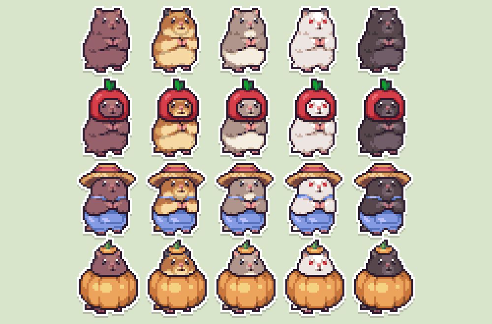 A grid of hamsters in different farm related costumes and colors