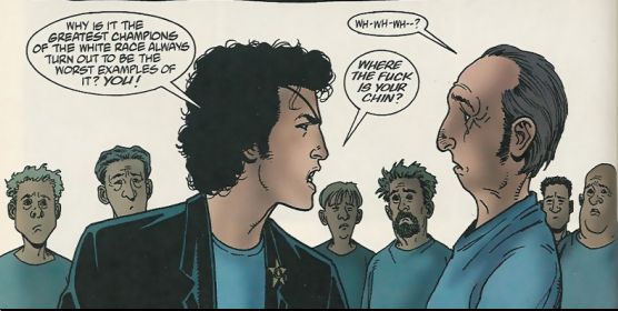 Guest appearance in the comic Preacher by alt-right rapist Andrew Tate discussing his lower mandible or lack thereof