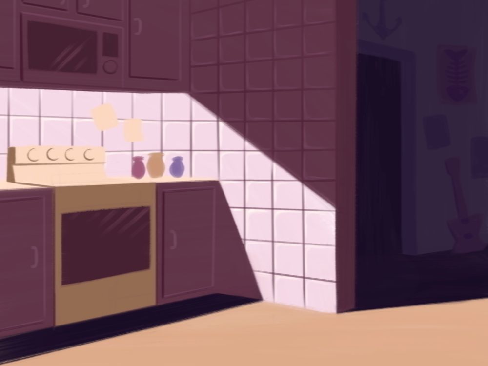 a dimly lit cartoon kitchen background.