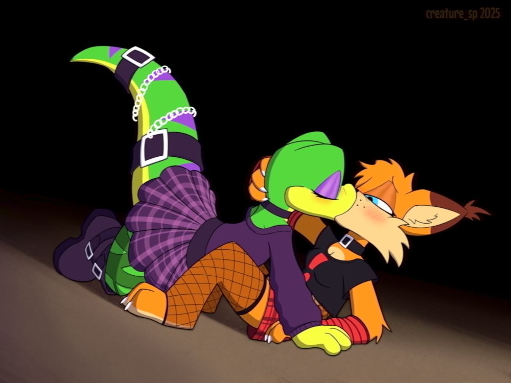 goth gex and e-girl bubsy making out in a dimly lit area.