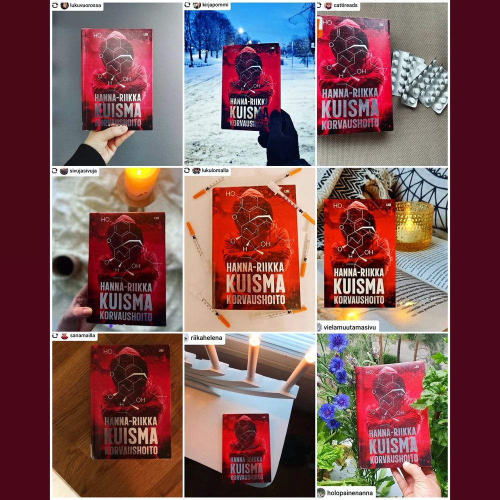 Yhdeksän IG-tilin kuvia Korvaushoito-kirjasta kolmessa rivissä