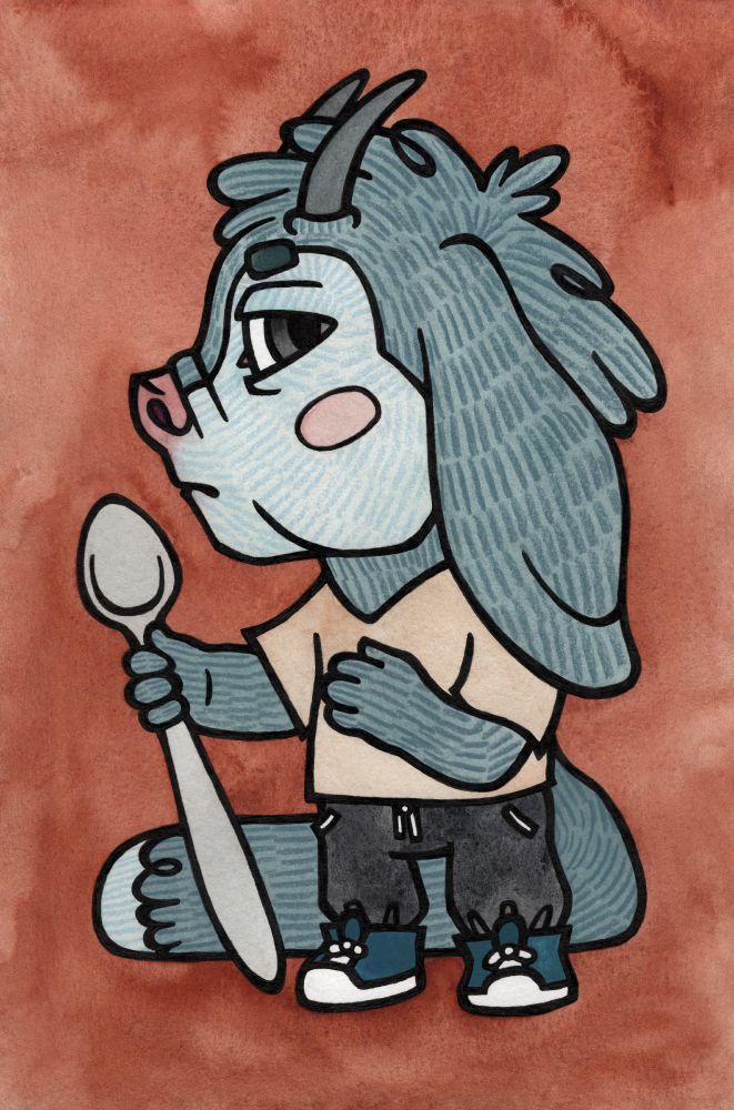 a painting of a small monster. the monster has light blue-grey fur, a pink nose, and grey eyes. they have a disproportionately large head, long floppy ears, two grey horns, and a long fluffy tail. they are wearing a tan-coloured t-shirt, black sweatpants, and dark blue-grey sneakers. they are holding a stainless steel spoon, which seems large in comparison to the monster. the monster has their head turned to face off to their right. they are giving you the side-eye. (traditional media: watercolour and coloured pencil on paper.)