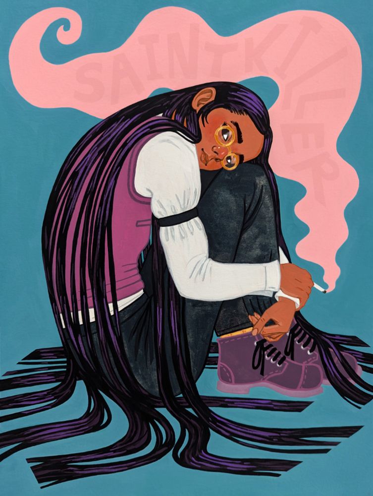 a drawing of a person named Hayes Highwater. the person has long dark hair, brown skin, and black eyes. she is wearing golden pince-nez glasses, a white work shirt with black sleeve garters, a plum-coloured vest, dark payne's grey slacks, and dull purple boots. she's holding a cigarette in her right hand. the cigarette is emitting a cloud of pink smoke. within the smoke is the word "Saintkiller". Hayes is sitting on the ground with her knees bent up close to her body. her legs are crossed at the ankles. she has her arms wrapped around her legs and her head resting on top of her knees. she is looking at you. (traditional media: acrylic gouache on paper. digital editing.)