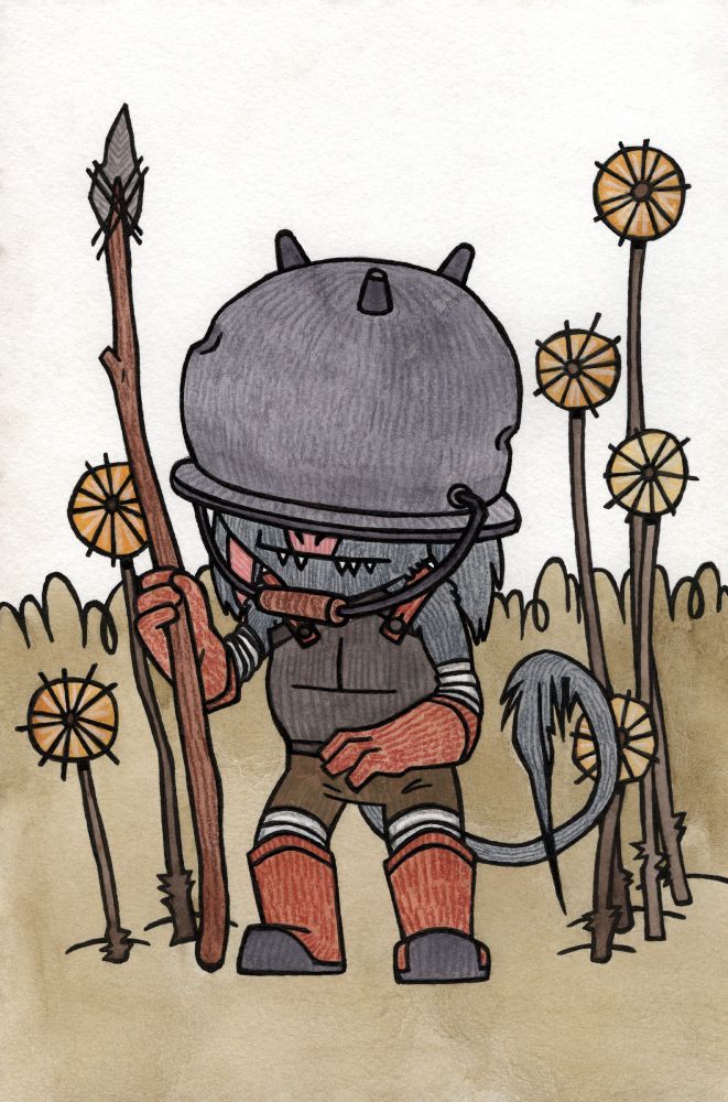 a painting of a small beast. the beast has shaggy grey fur, floppy ears, a pink nose, and a long tufted tail. he's wearing leather armour, an iron cuirass, and a small upturned cauldron as a helmet. he's wielding a stone-tipped spear. the beast is standing amidst some tall dandelions. he's ready for battle. (traditional media: watercolour and coloured pencil on paper.)