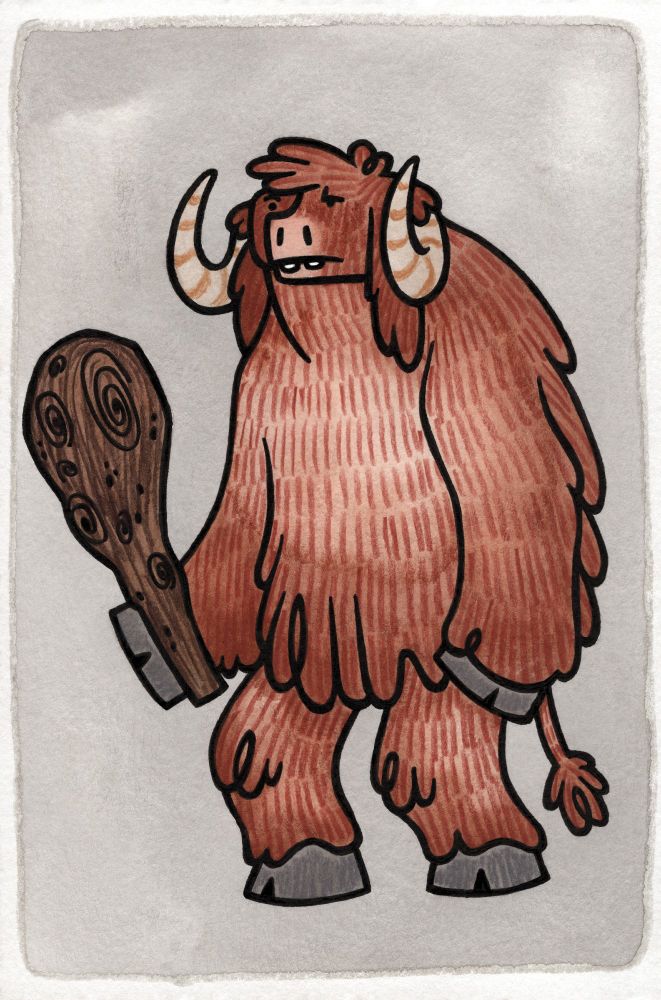 a painting of a large monster. the monster has long shaggy brown fur, two large cream-coloured horns, grey cloven hooves, a pink snout, and small beady black eyes. the monster is standing upright and holding a large wooden club in her right hand. she has a slightly confused expression. (traditional media: watercolour and coloured pencil on paper.)