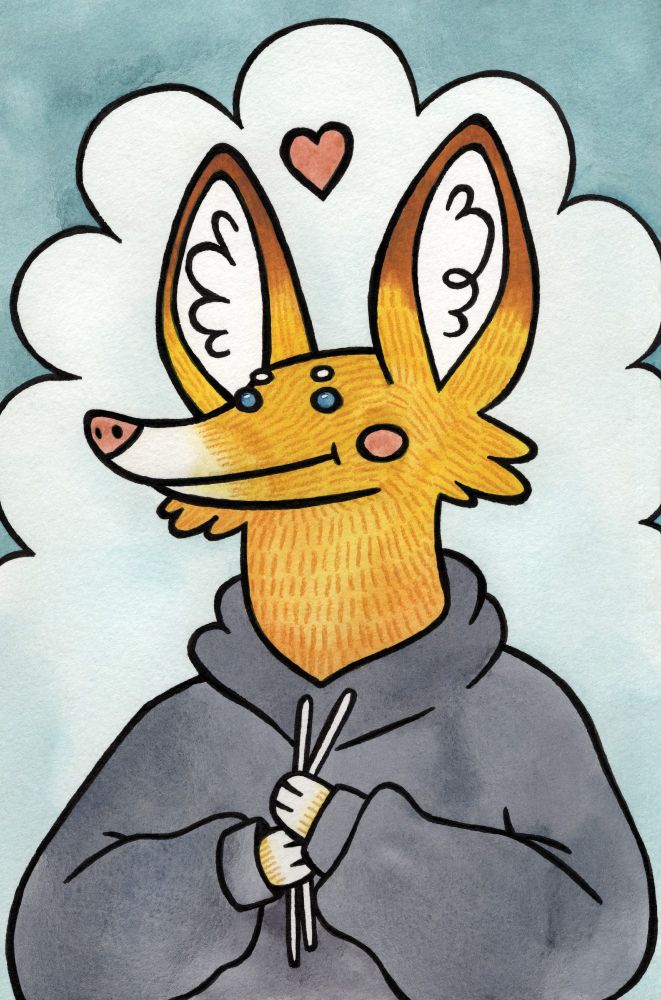 a painting of an anthro fox. the fox has golden and white fur, a pink nose, and beady blue eyes. they are wearing a large grey hoodie. they are standing in front of a big fluffy cloud. there is a heart floating above their head. the fox is looking off to the left and gently playing with the strings from their hoodie. they have a loving smile on their face. (traditional media: watercolour and coloured pencil on paper.)