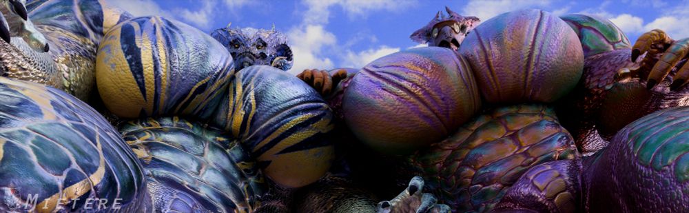 Two massive dragonborn looking down over their pecs at the viewer.