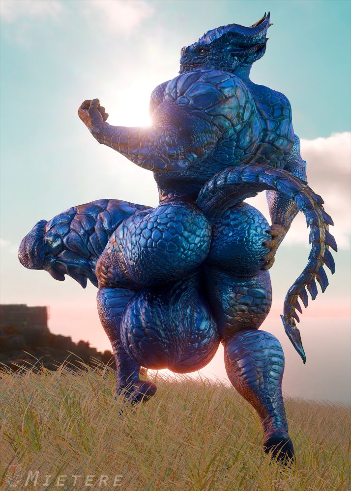 hyper endowed dragonborn with large muscles flexing on the top of a cliff