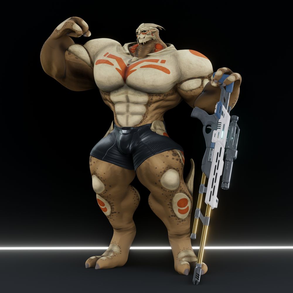 Raskus the Turian posing with a sniper rifle and flexing
