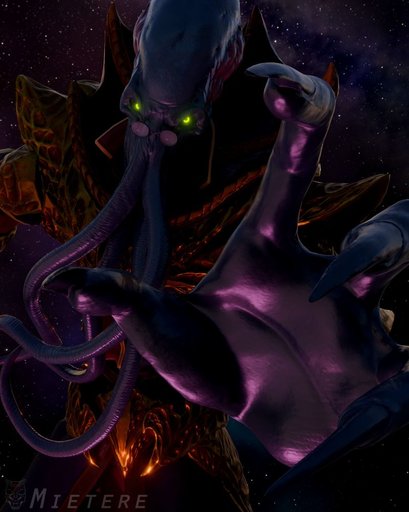 Orsimus in armor attacking the viewer to consume their mind.