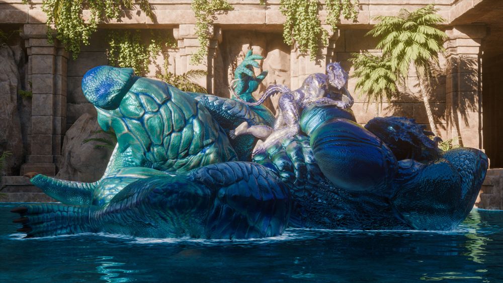 Two dragonborns, with a macro Barros letting a smaller Fro'ros float on his chest in the pool.