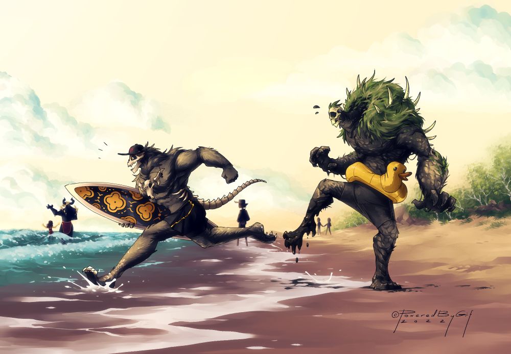Ragnarøk running into the ocean with a surfboard while Bog is reluctant 