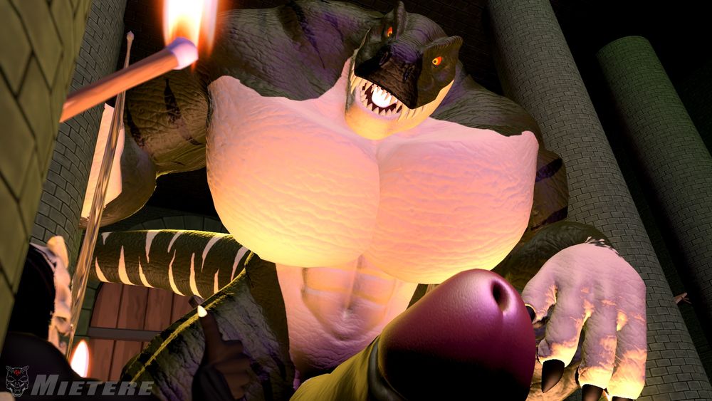 A massive macro trex has to crouch as he grows to fill the whole room, with the bonehead responsible in the foreground 