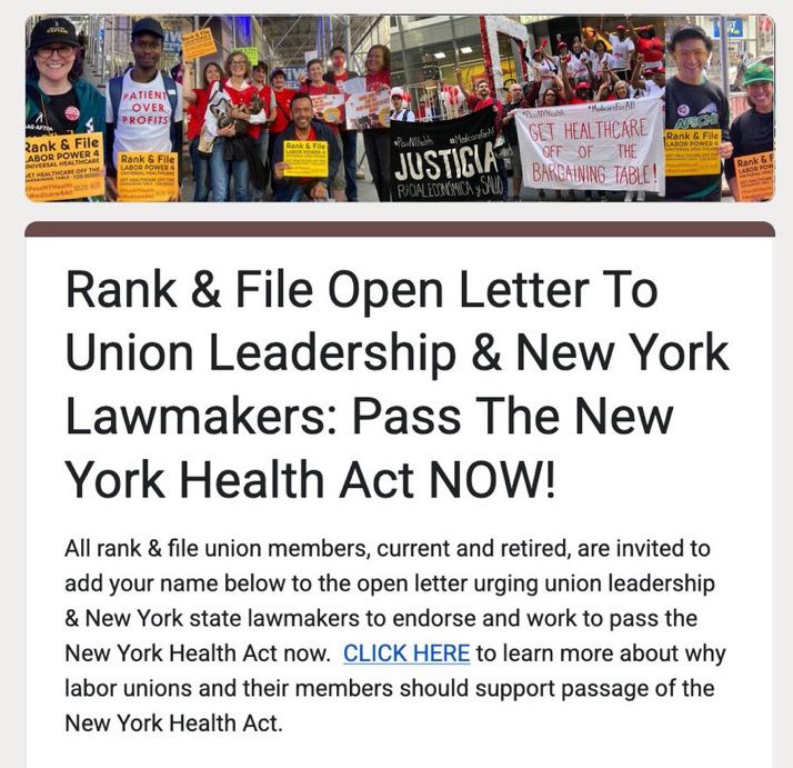 Screenshot of the open letter form with photo collage at the top of union members holding NY Health Act signs & banners