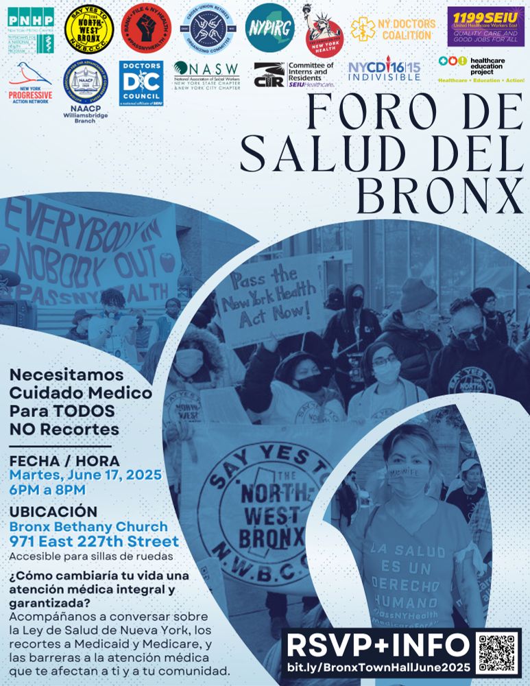 Cartel del Foro de Salud del Bronx con título, fecha, hora, lugar, enlace y código QR para confirmar asistencia en texto azul oscuro sobre fondo azul claro. Incluye tres fotos en forma de medialuna de personas manifestándose con carteles y pancartas a favor de la Ley de Salud de Nueva York. Logotipos de las organizaciones copatrocinadoras en la parte superior.