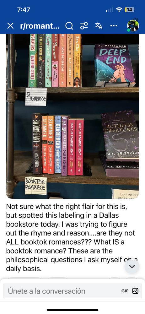 Two bookshelf’s in a Dallas bookstore. First says romance and the second says “booktok romance”