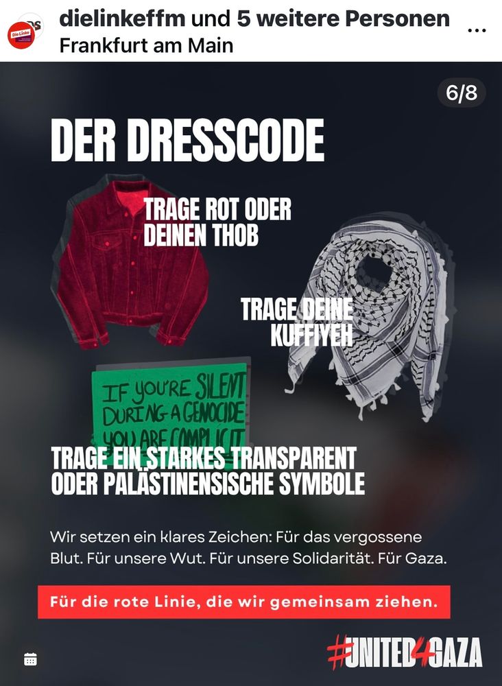 Der berüchtigte Dresscode: Blutrot, Thob (langes arabisches Männergewand), Kufiyah, Transparente mit 