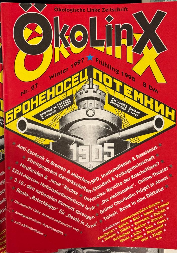 
Cover. Doppelausgabe der Zeitschrift Öko links vom Winter 1997/Frühling 1995, das mit Elementen der russischen Avantgarde spielt, auch ein Text im Heft.
