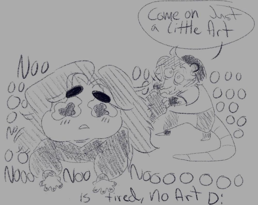 Mokki being dragged screaming by Zii, the opossum. "Come on, just a little art" Zii says as Mokki cries "noooooo no nooo no, is tired, no art D:" 