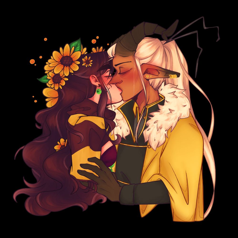 Keeva and Mokki kissing. Mokki's hair is curled around keeva's finger as they hold Mokki's arm. 