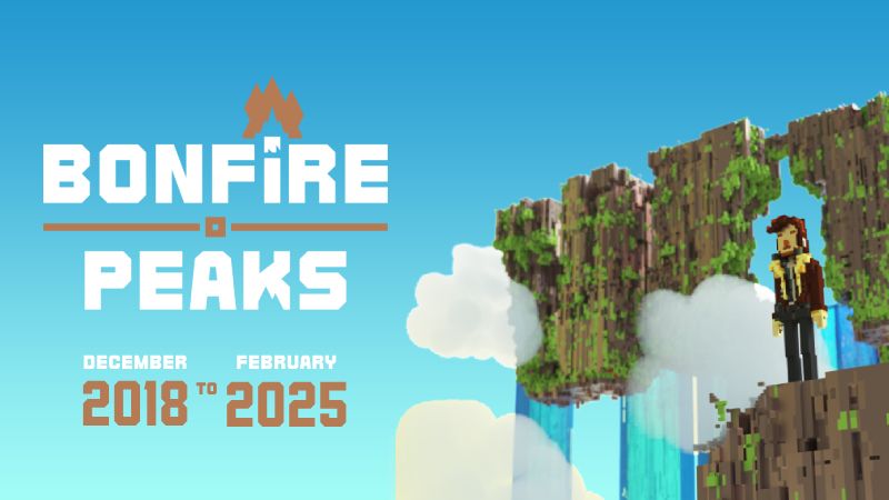 The main character from Bonfire Peaks is seen against a sky background. The game logo is displayed and it says “December 2018 to February 2025”