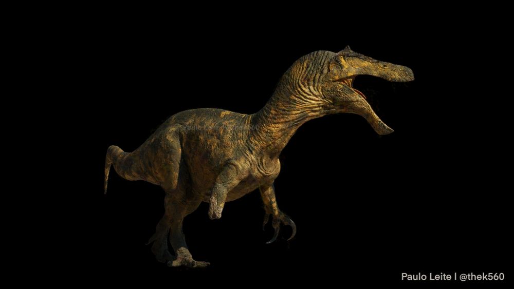 3D model of a Suchomimus. The dinosaur is mostly yellow with green markings all over its body. It's missing its right.