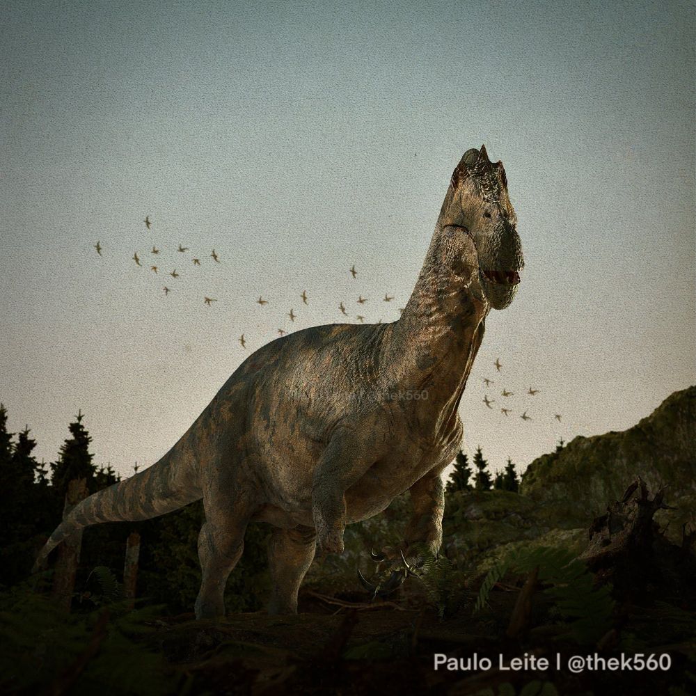 3D render of a suchomimus looking at the viewer. The dinosaur does not have it's right hand.