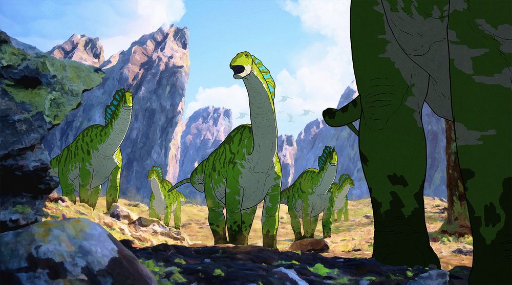 Digital painting of a herd of amagasauruses. The dinosaurs are mostly green with blue markings on their sails and there are six of them.