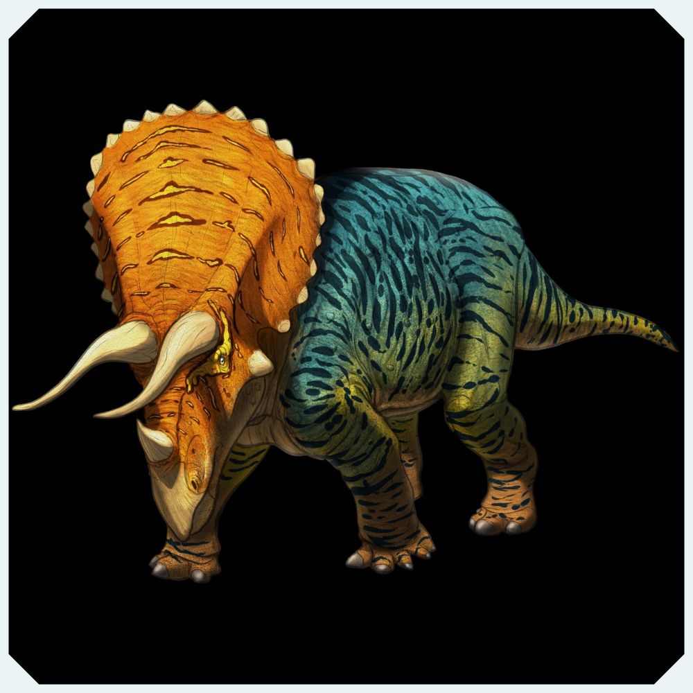 Digital painting of a triceratops facing the viewer. It's mostly blue and green with some dark blue stripes on the back, the underside is light orange. The head is orange with yellow markings. The background is black.
