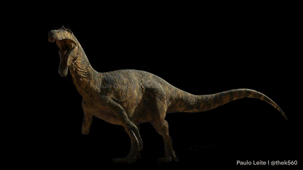 3D model of a Suchomimus. The dinosaur is mostly yellow with green markings all over its body. It's missing its right.