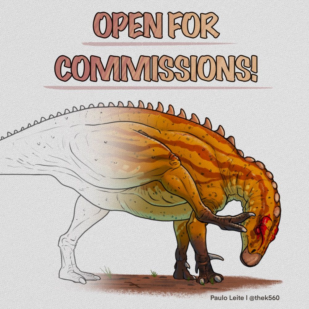 Announcement that I’m open for commissions. Features an illustration of an Iguanodon scratching its head using its foot
