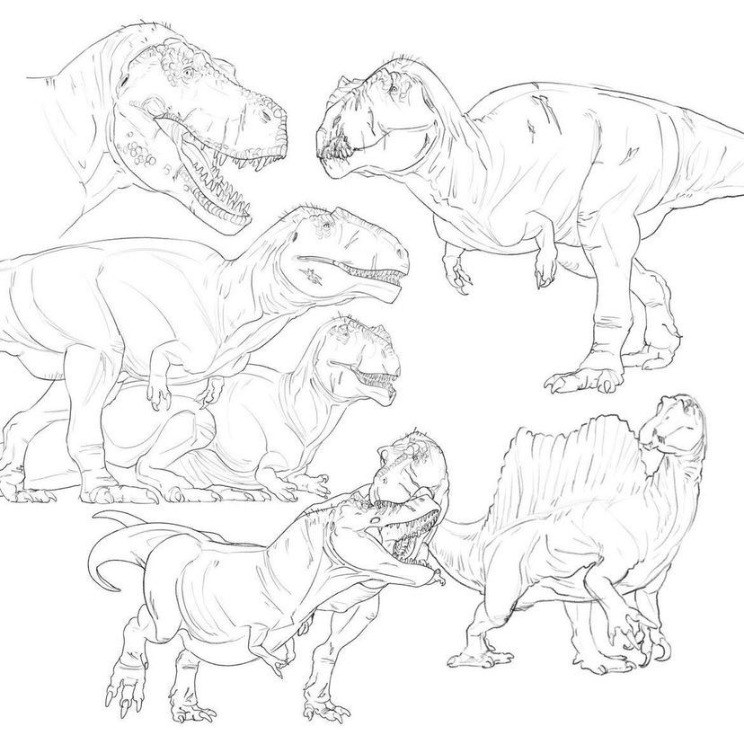 A few digital sketches of dinosaurs. There is a couple of Giganotosaurus hanging out, a Spinosaurus, two T. rexes fighting, a scarred Giganotosaurus walking and a T. rex with its mouth open.