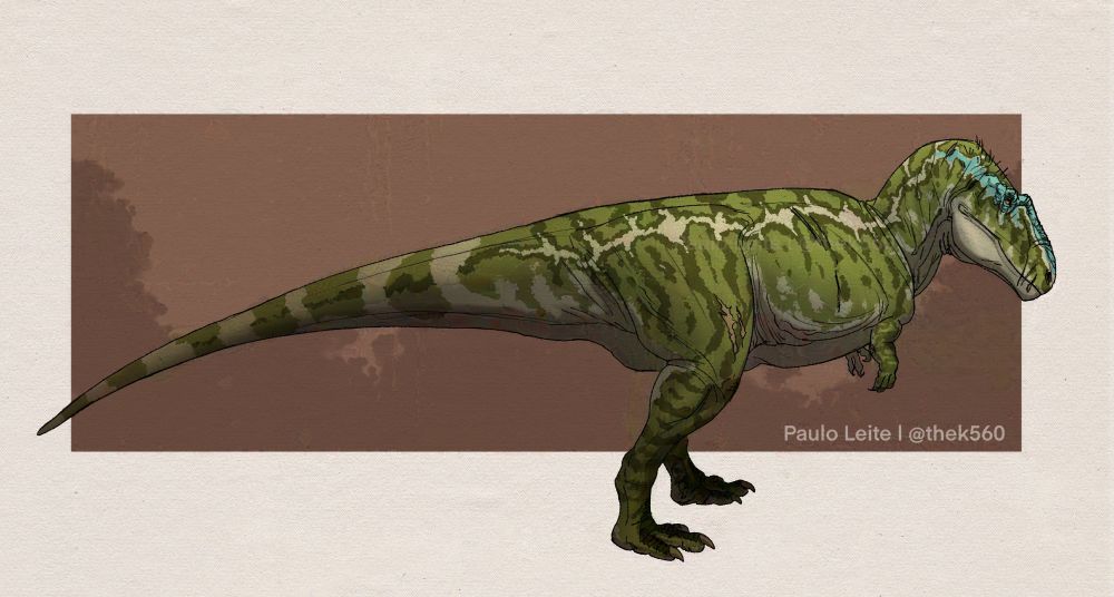 Digital painting of a giganotosaurus. The dinosaur is mostly green with a blue head crest.