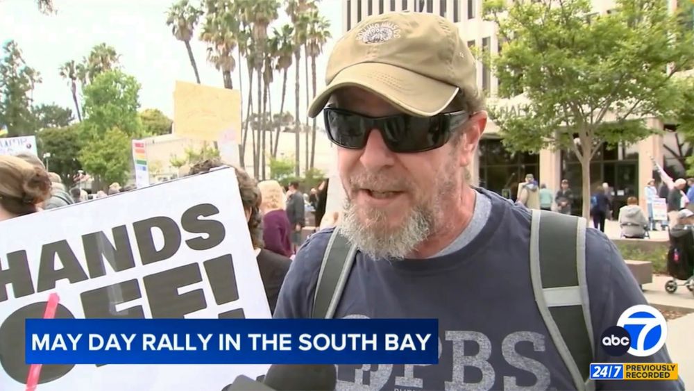 Screen capture image of street interview at May Day Strong protest and rally event in Torrance, CA on may 3, 2025.