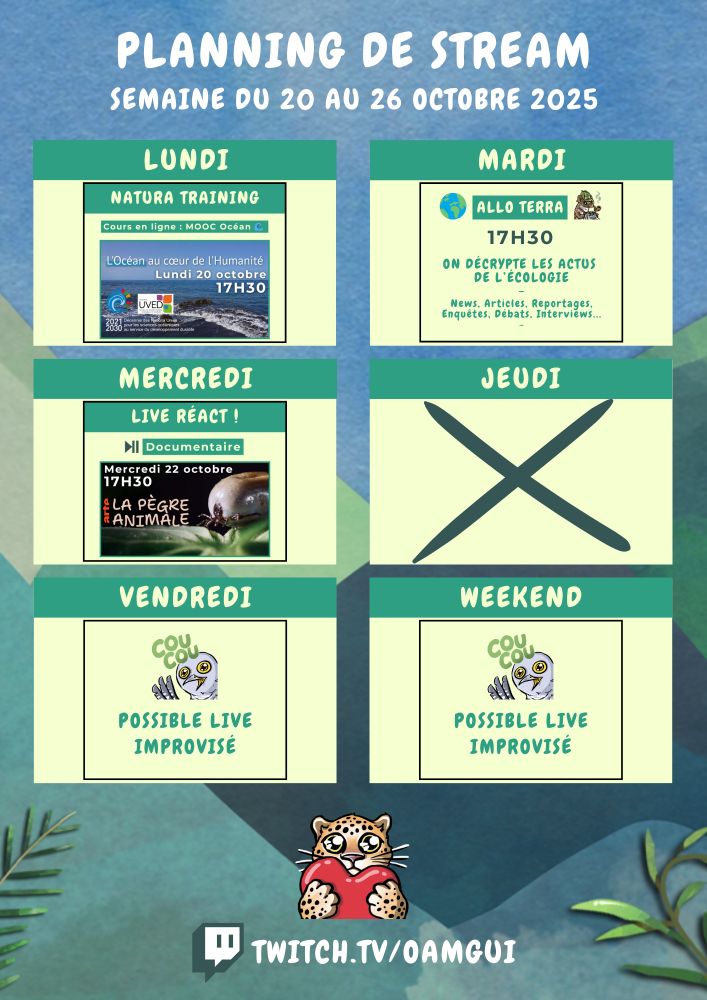 Visuel d'annonce d'un planning pour la chaîne Twitch de OamGui.  De haut en bas avec un fond dessiné nature de collines vertes et ciel bleu.  En blanc, écrit en haut : Planning de Stream Semaine du 20 au 26 octobre 2025. En-dessous, on voit 6 petits rectangles horizontaux indiqué : Lundi, mardi, mercredi, jeudi, vendredi et weekend. Dans chaque rectangle les détails d'un live sont indiqué, sauf jeudi (croix verte) et vendredi/weekend (possible live improvisé). Voir le texte des posts suivant pour le détails de chaque live.  En-dessous, une emote léopart avec un coeur dans les bras, puis écrit en blanc : Twitch.tv/oamgui