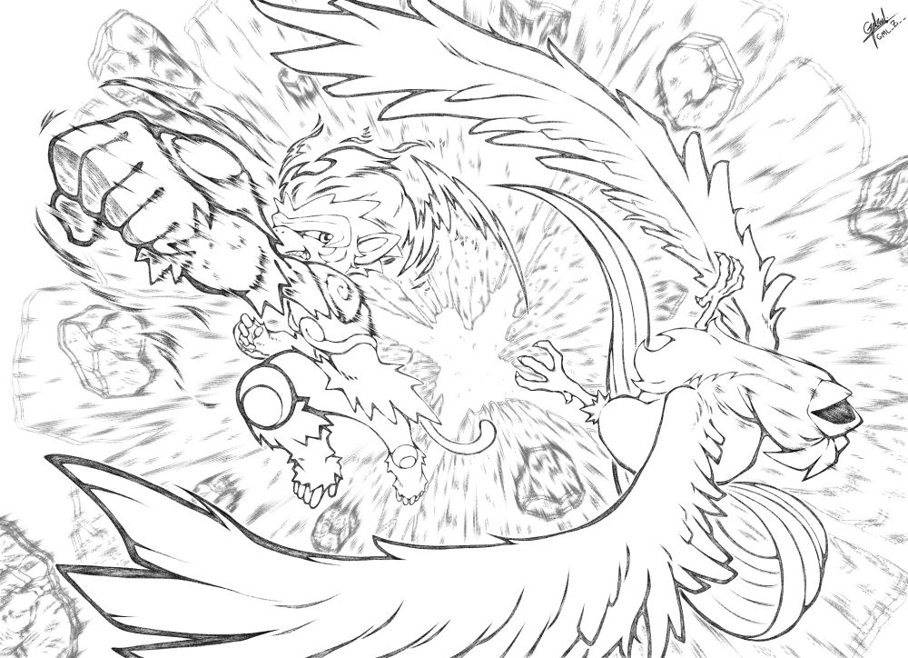 Infernape strikes Articuno with an uppercut, headed towards the screen from a bird's eye view. Articuno is reeling backwards, chin up, from the impact. Pieces of glacier are flying through the air, below them.