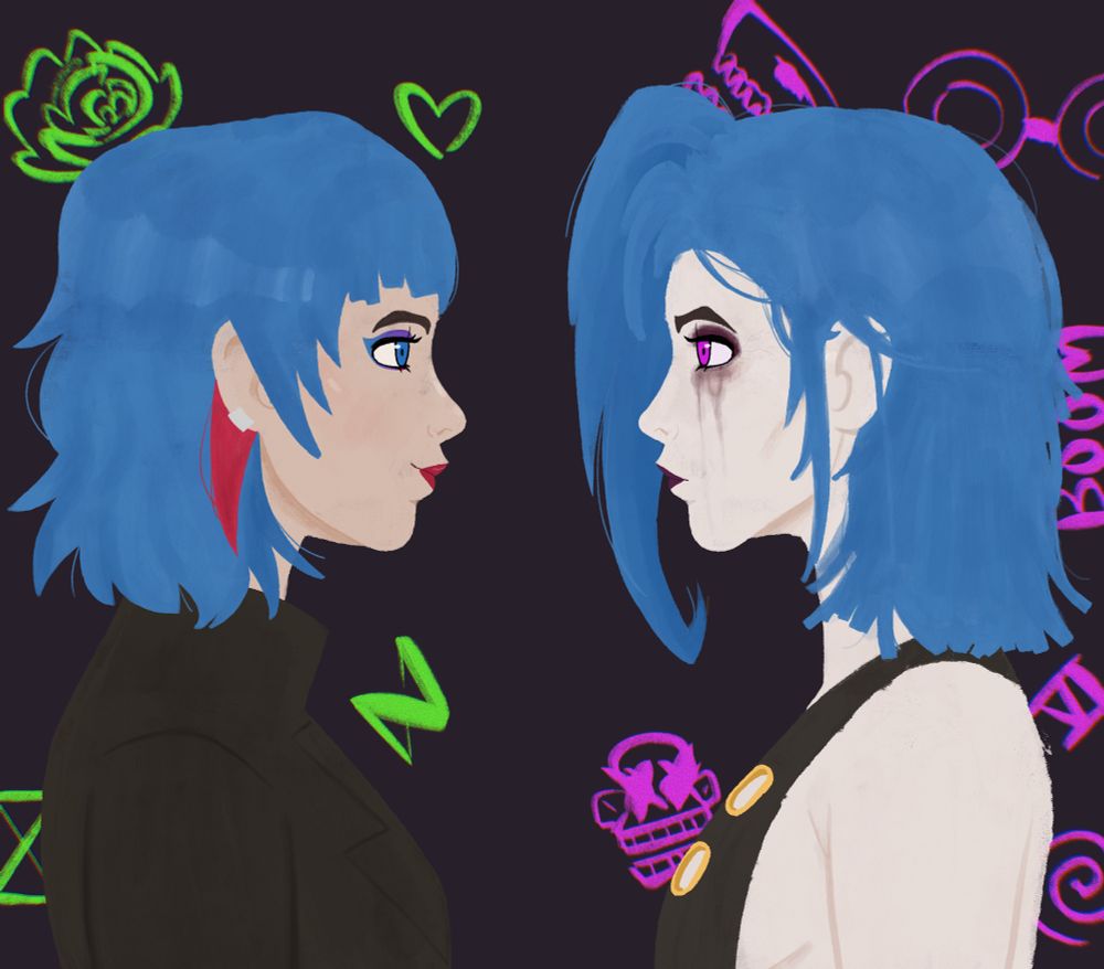 A drawing of powder and jinx from arcane looking at eachother