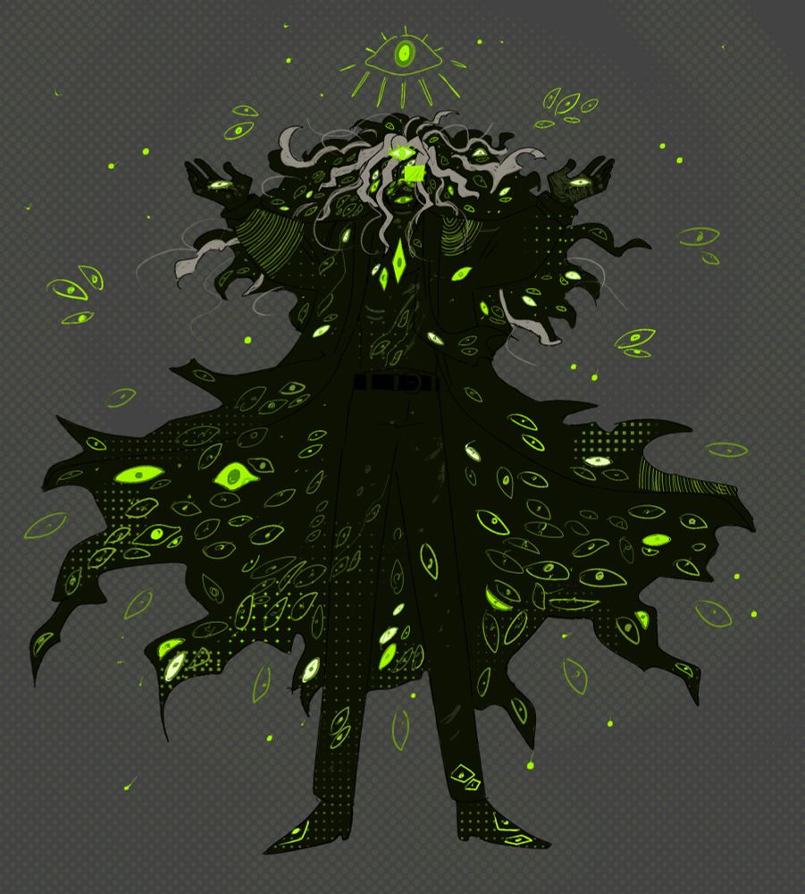 Drawing of Jonathan Sims from The Magnus Archives as a dark silhouette filled with and surrounded by messy green eyes. One bigger eye floats above his head. His hands are rised, his hair and coat are spreading to the sides.
Version one - he has half of his glasses instead of one of his actual eyes, other half is hidden/missing.