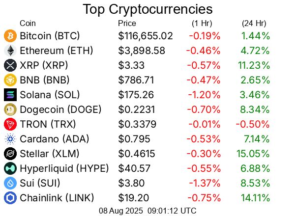Top cryptocurrencies / crypto
Bitcoin BTC  $116,655.02
Ethereum ETH  $3,898.58
XRP XRP  $3.33
BNB BNB  $786.71
Solana SOL  $175.26
Dogecoin DOGE  $0.2231
TRON TRX  $0.3379
Cardano ADA  $0.795
Stellar XLM  $0.4615
Hyperliquid HYPE  $40.57
Sui SUI  $3.80
Chainlink LINK  $19.20
Bitcoin Cash BCH  $579.48
Hedera HBAR  $0.2637
Avalanche AVAX  $23.40
Litecoin LTC  $122.33
UNUS SED LEO LEO  $8.98
Toncoin TON  $3.37
Shiba Inu SHIB  $0.00001286
Uniswap UNI  $10.57
Polkadot DOT  $3.90
Bitget Token BGB  $4.46
Cronos CRO  $0.1515
Monero XMR  $264.92
Pepe PEPE  $0.00001112
Aave AAVE  $282.82
Ethena ENA  $0.6147
Bittensor TAO  $372.74
Mantle MNT  $1.05
NEAR Protocol NEAR  $2.68
Ethereum Classic ETC  $21.68
Ondo ONDO  $1.02
Aptos APT  $4.67
Internet Computer ICP  $5.35
Pi PI  $0.3666
OKB OKB  $45.55
POL (prev. MATIC) POL  $0.2384
Kaspa KAS  $0.09093
Pudgy Penguins PENGU  $0.037
Algorand ALGO  $0.2649
Arbitrum ARB  $0.4228
VeChain VET  $0.02439
Bonk BONK  $0.00002585
Cosmos ATOM  $4.52
GateToken GT  $16.91
Render RENDER  $3.84
Story IP  $6.60
Worldcoin WLD  $1.02
OFFICIAL TRUMP TRUMP  $9.23
Sei SEI  $0.3085
Sky SKY  $0.08323
Flare FLR  $0.0242
Filecoin FIL  $2.50
SPX6900 SPX  $1.78
Artificial Superintelligence Alliance FET  $0.6888
Jupiter JUP  $0.4986
XDC Network XDC  $0.09378
Four FORM  $3.93
Injective INJ  $14.15
Quant QNT  $113.68
Stacks STX  $0.7367
KuCoin Token KCS  $10.28
Optimism OP  $0.7365
Celestia TIA  $1.74
Curve DAO Token CRV  $0.9244
Pump.fun PUMP  $0.003341
FLOKI FLOKI  $0.0001178
Conflux CFX  $0.2179
Immutable IMX  $0.543
Fartcoin FARTCOIN  $1.02
Ethereum Name Service ENS  $27.64
Lido DAO LDO  $1.10
The Graph GRT  $0.0944
PAX Gold PAXG  $3,391.73
PancakeSwap CAKE  $2.77
dogwifhat WIF  $0.9538
Kaia KAIA  $0.1495
Virtuals Protocol VIRTUAL  $1.34
Sonic S  $0.2996
Pendle PENDLE  $5.16
Nexo NEXO  $1.33
Tezos XTZ  $0.8088
Vaulta A  $0.5299
Tether Gold XAUt  $3,391.74
Theta Network THETA  $0.813
IOTA IOTA  $0.1997
JasmyCoin JASMY  $0.01578
Aerodrome Finance AERO  $0.8796
