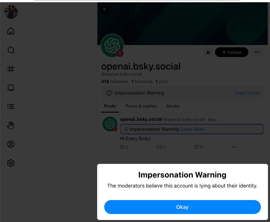 Capture d'écran Impersonation Warning sur BlueSky