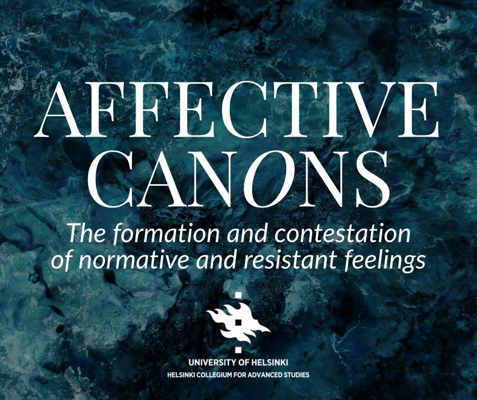 Graphic with a a dark, marbled blue texture background. The main text reads "Affective Canons" in large white letters, with the subtitle "The formation and contestation of normative and resistant feelings" in smaller white letters below.