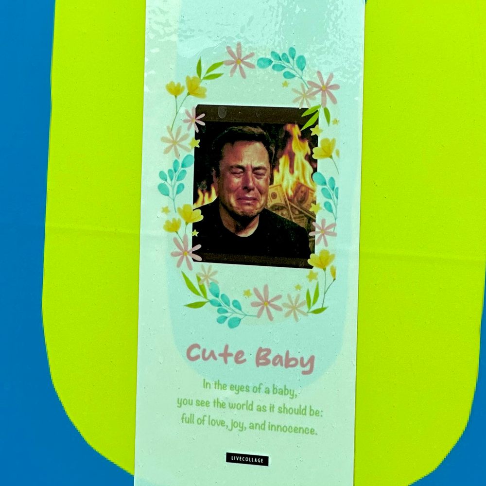 Sticker featuring a photo of Elon Musk crying while money burns behind him. The caption reads "Cute Baby. In the eyes of a baby you see the world as it should be: full of love, joy, and innocence."