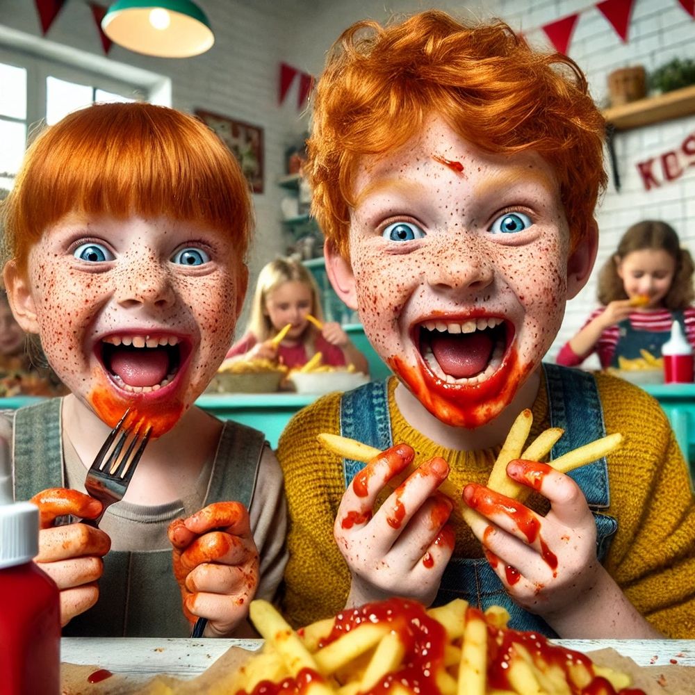 Now a scene with children eating French fries with ketchup smeared all over their faces smiling like maniacs   Make them red heads either freckles.