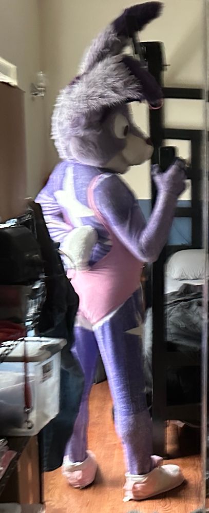 Twilight bunny in purple/white fur petsuit and pink Barbie swimsuit, taking a full body mirror selfie. Blurry tail photo
