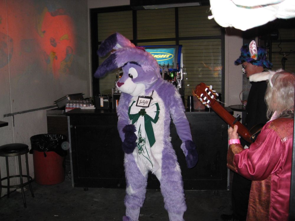 Twilight Bunny’s debut at Bunny Jam, an Easter-themed club party on Easter eve, March 22, 2008. Purple and white bunny with stars, wearing a green ribbon for the theme Bunny O’Jam, being so close to St Patrick’s day.